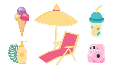 Summer set with ice cream, lemonade, camera instax, sunscreen cream, chaise-longue, sunbed. Summer vacation. Trip. Travel accessories.