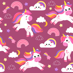 colorful seamless patterns with unicorns in cartoon style for kids. vector illustration
