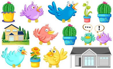 Different house designs and cute birds
