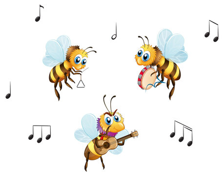 Three bees music band in cartoon style