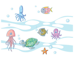 Coloured hand drawn sea animals collection