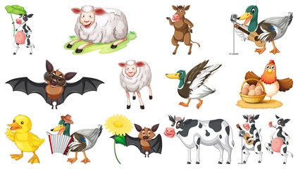 Many farm animals on white background