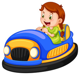 A girl driving bumper car on white background