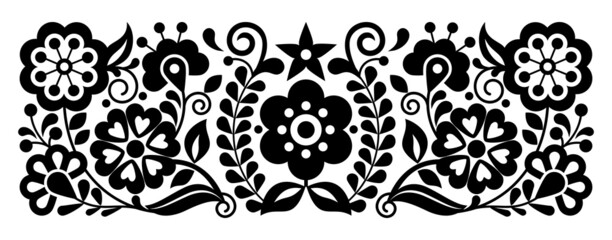 Mexican embroidery style vector floral pattern, ornament inspired by folk art from Mexico, traditional craft background in black and white
 