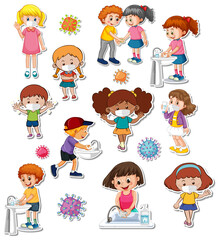 Sticker set of covid19 and cartoon characters