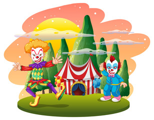 Isolated outdoor scene with clown cartoon characters