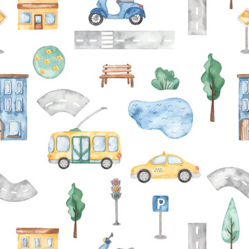 Watercolor seamless pattern with city transport, scooter, trolleybus, taxi, lake, trees, houses, road sign, road, traffic light, for children, boys
