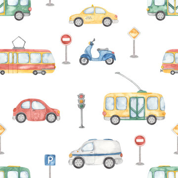 Watercolor seamless pattern with city transport, scooter, trolleybus, taxi, tram, bus, car, road sign, traffic light, for children, boys