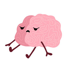 Brain character. Apathy and fatigue, burnout. Depressive cartoon sad tired brain. Cute internal organs. Vector illustration isolated on white background.