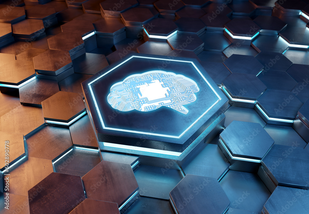 Poster Brain icon concept engraved on metal hexagonal pedestral background. Artificial intelligence symbol glowing on abstract digital surface. 3d rendering