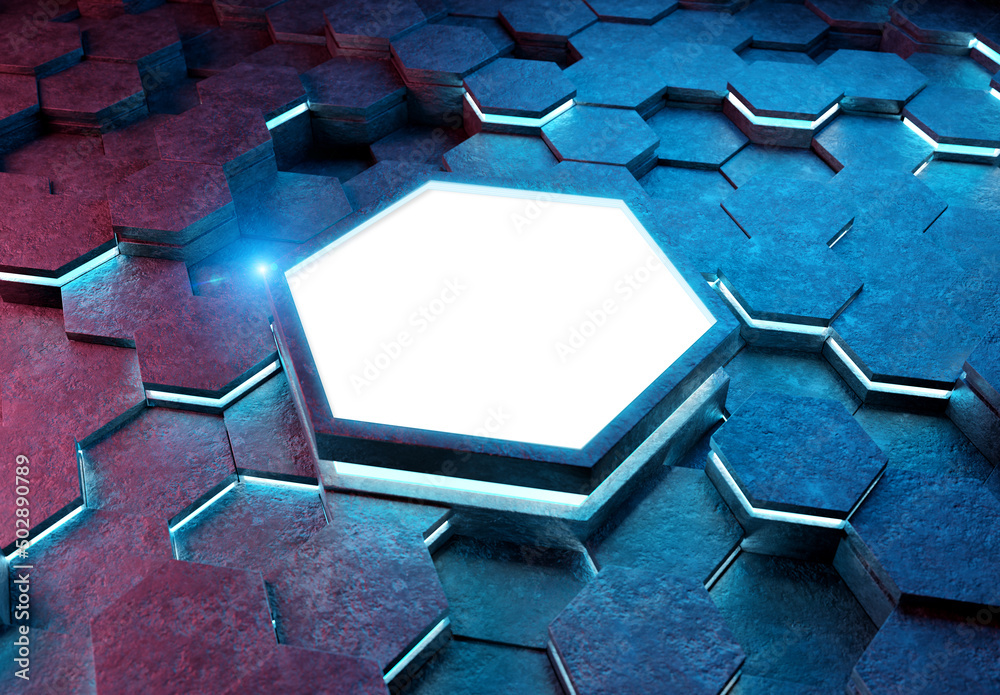 Poster glowing pink and blue hexagons podium background pattern. hexagonal metal mockup with lights and ref