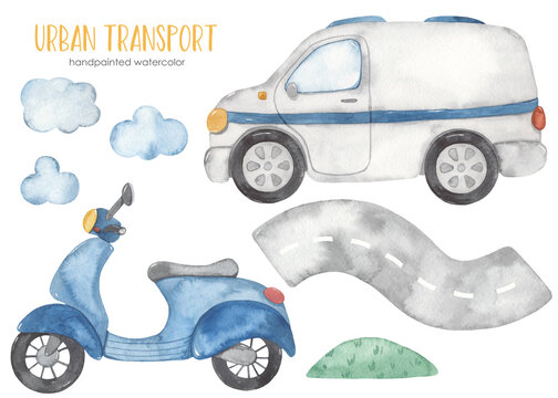Watercolor city transport with scooter, company car, mail, road, clouds