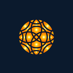 Fototapeta na wymiar Mandala, sun, flower logo.Decorative abstract blossom icon isolated on dark background.Ornamental sign.Bright yellow shapes.Circular emblem.Beauty, spa, mindfulness, yoga, meditation style.