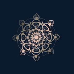 Mandala flower logo.Decorative abstract blossom icon isolated on dark background.Ornamental sign.Rose gold shapes.Circular emblem.Beauty, spa, mindfulness, yoga, meditation, organic style.
