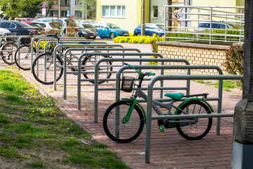 Fototapeta na wymiar bike parking in european city on a sunny day