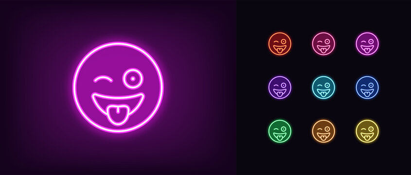 Outline neon crazy emoji icon. Glowing neon silly emoticon with tongue and wink, wacky face pictogram. Fool emoji