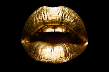 Female golden mouth isolated. Woman sensual gold lips. Golden gloss lipstick.