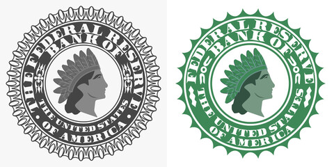 Vector fictional seals of the financial federal system and US banks. The head of a native Indian and a crown of bird feathers - obrazy, fototapety, plakaty