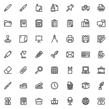 Office supplies line icons set