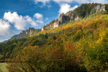 Colorful trees in autmn forest at Sulov rocks. Autumn mountain landscape in Slovakia