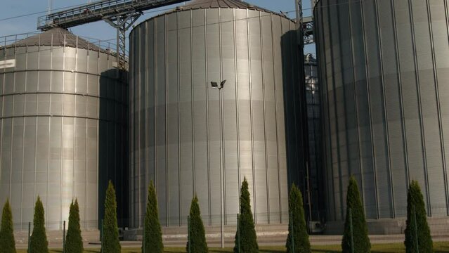 Large modern plant for storage and processing of grain crops. View of granary on sunny day. Big iron barrels of grain. Silver silos on agro manufacturing plant for processing and drying.