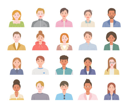 Collection of people upper body icons of different styles and races. flat design style vector illustration.	