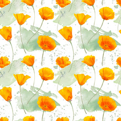 Watercolor california orange poppies isolated border. Hand painted illustration with sunny bright orange and yellow flowers to design invitations, postcards and other print