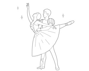 Classic ballet . Dancing ballet couple. Outline Illustration on white background.