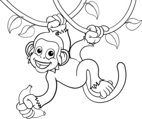 Monkey Singing On Jungle Vines With Banana Cartoon