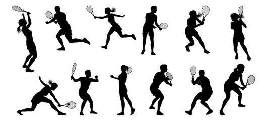 Fototapeta na wymiar Silhouette Tennis Players Sports People Set
