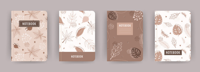 Cover page notebook collection. Templates with abstract autumn leaves. Perfect for diary, books, magazines, journals, catalogs, planners and flyers. Vector layouts.