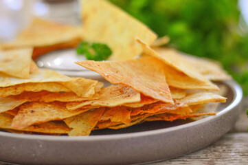 Homemade lavash chips. Chips cooked at home.
