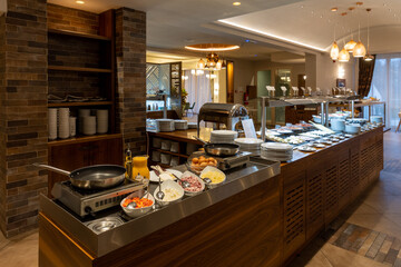 Breakfast served on a buffet table  scrambled eggs ingredients