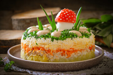 Layered salad with whole champignon mushrooms 