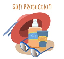 Sun protection items set of red hat, sunscreens and sunglasses, isolated on white background