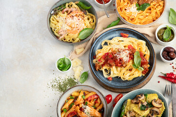 Italian pasta assortment on light background.