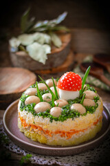 Layered salad with whole champignon mushrooms 