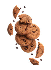 Falling cookies on white backgrounds.