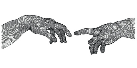 Two hands reach out to each other. Fragment of Michelangelo's fresco The Birth of Adam. - obrazy, fototapety, plakaty