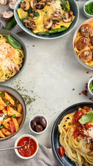 Italian pasta assortment on light background.