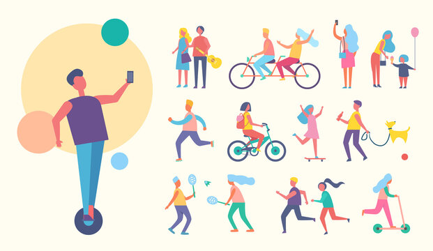 People doing sport active lifestyle, playing tennis, cycling together, walking dog, taking pictures and selfie skating collection vector illustration