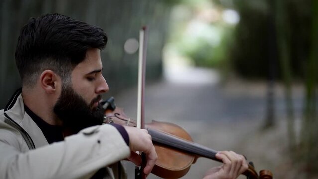 handsome man with beard is playing music by old violin in garden, portrait of violinist in nature