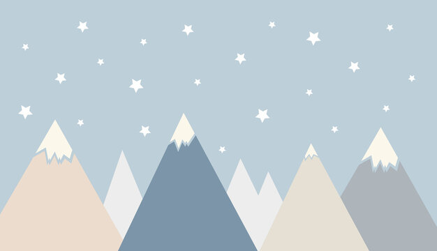 children's picture of the mountains and the sky in the stars for digital printing wallpaper, custom design wallpaper