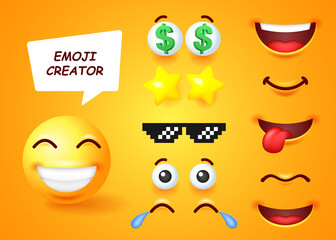 A set to create a funny 3D emoji. A collection of editable elements to create different facial expressions of an emoticon.