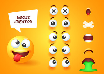 Set for creating 3D emoji. Collection of editable elements to create different facial expressions of emoticon.