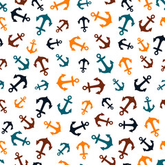 White seamless pattern with colorful anchors.