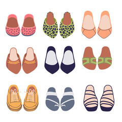 Women's shoe wardrobe. Set of female fashion footwear: ballet flats, sandals with straps, shoes, light sneakers, summer closed-toe footgear. Flat vector illustration isolated on white.