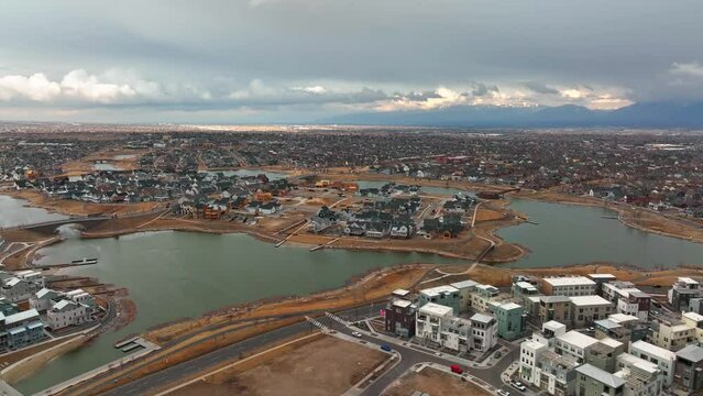 Beautiful View of The Island and Oquirrh Lake at Daybreak in South Jordan Utah -  Establishing Aerial Truck Left shot