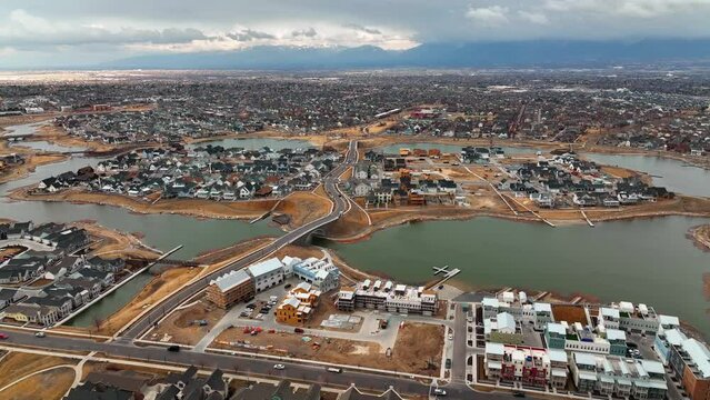 Beautiful Aerial Towards The Island and Oquirrh Lake at Daybreak in South Jordan Utah - Establishing Forward Shot