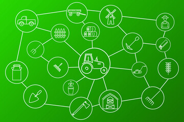 farm icons network connected isolated on green background	 - obrazy, fototapety, plakaty